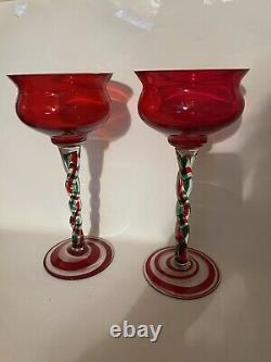 Jozefina Krosno Christmas Art Glass Hand Blown Red Green Candle Holders 12.5