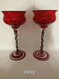Jozefina Krosno Christmas Art Glass Hand Blown Red Green Candle Holders 12.5