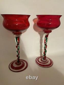 Jozefina Krosno Christmas Art Glass Hand Blown Red Green Candle Holders 12.5