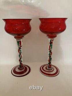 Jozefina Krosno Christmas Art Glass Hand Blown Red Green Candle Holders 12.5