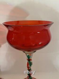 Jozefina Krosno Christmas Art Glass Hand Blown Red Green Candle Holders 12.5