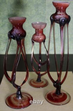 Jozefina Krosno Hand Blown Made in Poland Art Glass Candle Holders 3 pc Set
