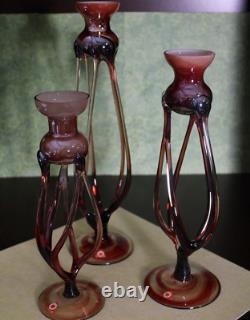 Jozefina Krosno Hand Blown Made in Poland Art Glass Candle Holders 3 pc Set