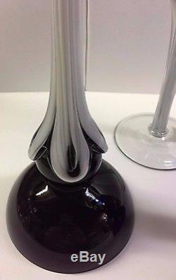 Jozefina Krosno Purple Amethyst Art Glass Hand Blown Pillar Candle Holder Set
