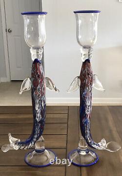 K. Pieper Handblown Signed Glass 20 Fish Candleholders 1992