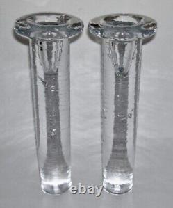 KOSTA BODA Pair Solid Crystal Tall CANDLESTICKS (Cool-Bubbles) K. Engman Sweden