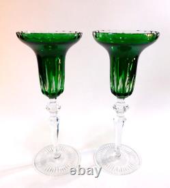 Kusak Crystal Emerald Green Candlestick Holder Set German Overlay 1980s Bohemian