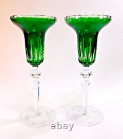 Kusak Crystal Emerald Green Candlestick Holder Set German Overlay 1980s Bohemian