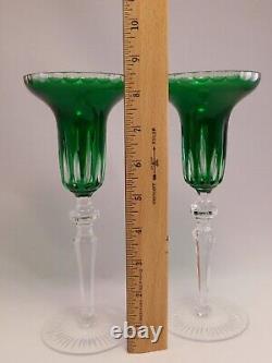 Kusak Crystal Emerald Green Candlestick Holder Set German Overlay 1980s Bohemian