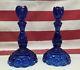 L E Smith Cobalt Blue Moon And Star 9 1/4 Candlesticks Candle Holders