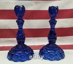 L E Smith Cobalt Blue Moon And Star 9 1/4 Candlesticks Candle Holders