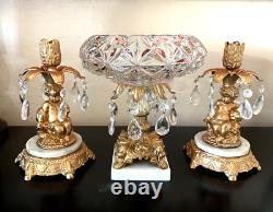 L & L WMC Cherub Candle Holders & Crystal Center Pedestal Bowl Hollywood Regency