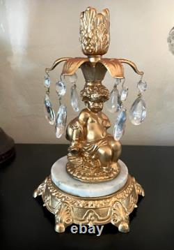 L & L WMC Cherub Candle Holders & Crystal Center Pedestal Bowl Hollywood Regency