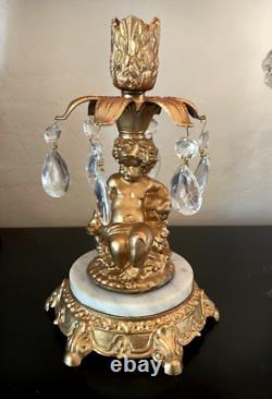 L & L WMC Cherub Candle Holders & Crystal Center Pedestal Bowl Hollywood Regency