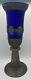 Large 19 Cobalt Blue Glass Candle Holder With Silver Toned Filigree Design Art