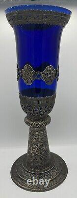 LARGE 19 Cobalt Blue Glass Candle Holder with Silver Toned Filigree Design Art