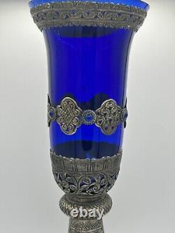 LARGE 19 Cobalt Blue Glass Candle Holder with Silver Toned Filigree Design Art