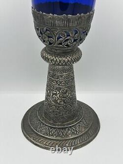 LARGE 19 Cobalt Blue Glass Candle Holder with Silver Toned Filigree Design Art