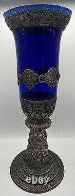 LARGE 19 Cobalt Blue Glass Candle Holder with Silver Toned Filigree Design Art