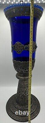 LARGE 19 Cobalt Blue Glass Candle Holder with Silver Toned Filigree Design Art