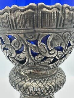 LARGE 19 Cobalt Blue Glass Candle Holder with Silver Toned Filigree Design Art