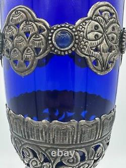 LARGE 19 Cobalt Blue Glass Candle Holder with Silver Toned Filigree Design Art