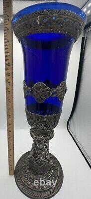 LARGE 19 Cobalt Blue Glass Candle Holder with Silver Toned Filigree Design Art