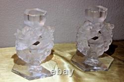 Lalique 2 Mesanges Frosted Candle Holder Pair, 7 Tall Signed No Box