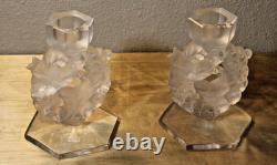 Lalique 2 Mesanges Frosted Candle Holder Pair, 7 Tall Signed No Box