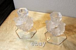 Lalique 2 Mesanges Frosted Candle Holder Pair, 7 Tall Signed No Box