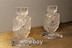 Lalique 2 Mesanges Frosted Candle Holder Pair, 7 Tall Signed No Box