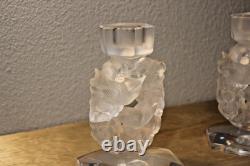 Lalique 2 Mesanges Frosted Candle Holder Pair, 7 Tall Signed No Box