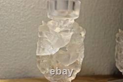 Lalique 2 Mesanges Frosted Candle Holder Pair, 7 Tall Signed No Box