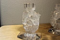 Lalique 2 Mesanges Frosted Candle Holder Pair, 7 Tall Signed No Box