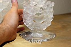 Lalique 2 Mesanges Frosted Candle Holder Pair, 7 Tall Signed No Box