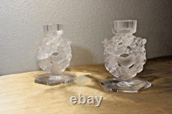 Lalique 2 Mesanges Frosted Candle Holder Pair, 7 Tall Signed No Box