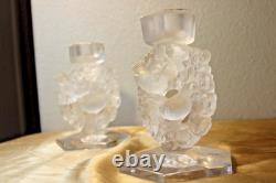 Lalique 2 Mesanges Frosted Candle Holder Pair, 7 Tall Signed No Box
