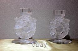 Lalique 2 Mesanges Frosted Candle Holder Pair, 7 Tall Signed No Box