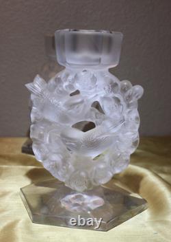 Lalique 2 Mesanges Frosted Candle Holder Pair, 7 Tall Signed No Box