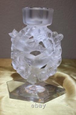 Lalique 2 Mesanges Frosted Candle Holder Pair, 7 Tall Signed No Box