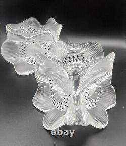 Lalique ANEMONE Candle Holders Crystal Frosted Glass Pair Paris France Signed 3
