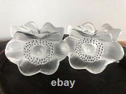 Lalique Anemone Candle Holder Pair Signed W France Sticker Excellent Condition