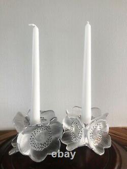 Lalique Anemone Candle Holder Pair Signed W France Sticker Excellent Condition