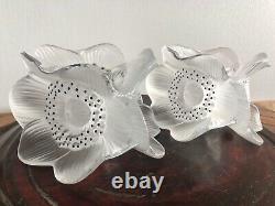 Lalique Anemone Candle Holder Pair Signed W France Sticker Excellent Condition