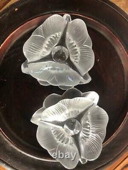 Lalique Anemone Candle Holder Pair Signed W France Sticker Excellent Condition