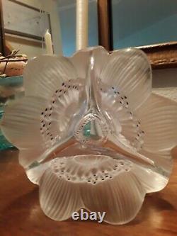 Lalique Candle Holder Anemone Three Flower Candle Holder Candlestick Signed