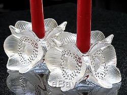 Lalique Crystal 2'Three Anemone' Flower Candle Holders with Original Boxes