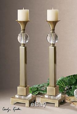 Large 22 Pair Coffee Bronze Plated Pillar Candle Holders Sticks Crystal Accents