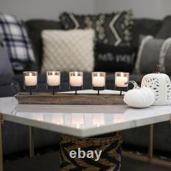 Large 27.5 Inch 5-Pillar Glass Candle Holder Set Centerpiece with Rustic Wood Tr