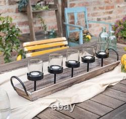 Large 27.5 Inch 5-Pillar Glass Candle Holder Set Centerpiece with Rustic Wood Tr